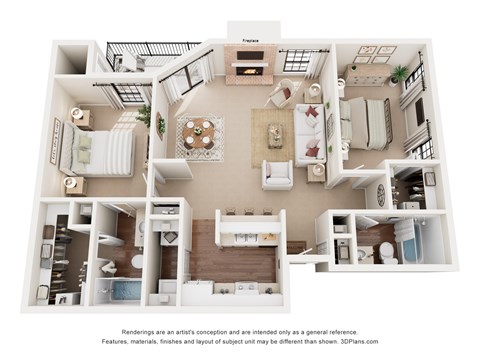 Floor plan for 2 beds, 2 baths, 1042 sqft